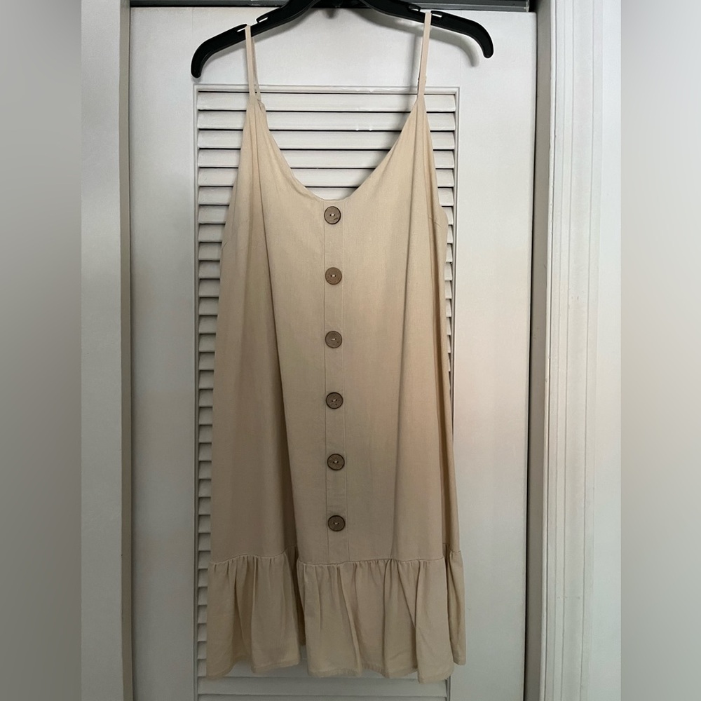 As U Wish khaki/ tan spaghetti strap ruffle bottom linen blend dress size Large